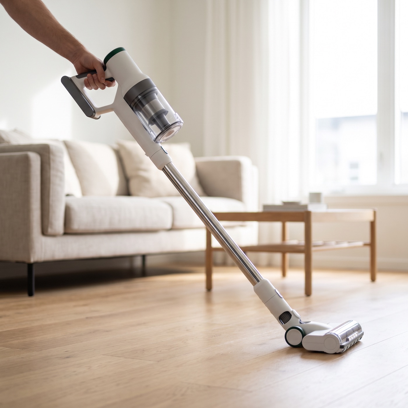 NovaClean X2 folosit pe parchet, într-un living